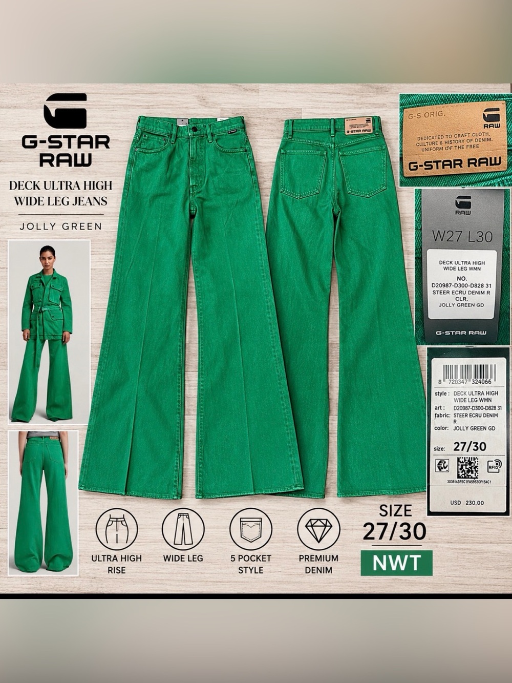 G-Star RAW Deck Ultra High Wide Leg Jeans Jolly Green 27/30 NWT